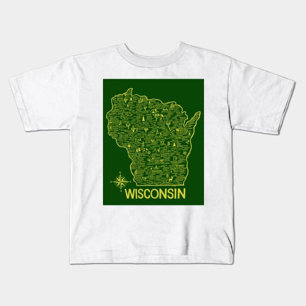 Wisconsin Map Kids T-Shirt by fiberandgloss